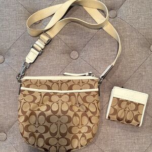 Coach Khaki and Chalk Signature Canvas Crossbody with Card Case